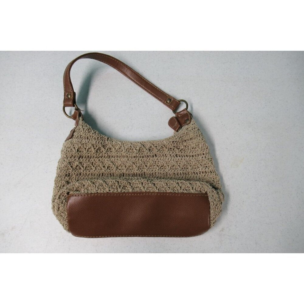 Macrame Crocheted Knitted Bag with Leather Strap Tan Medium Size Zipper - Picture 2 of 4